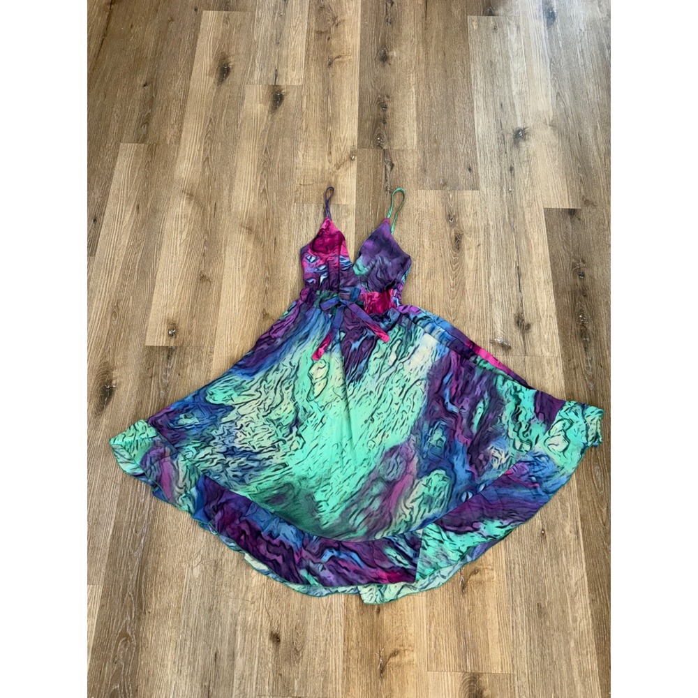 Boho Festival Whimsygoth Maxi Dress Womens OS Purple Teal Abstract Art Silk